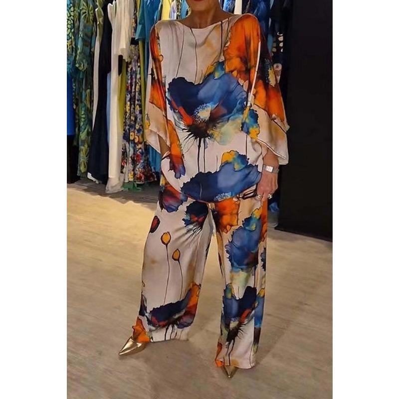 

Літній та осінній міський елегантний твідовий комплект з вільним принтом на одне плече, рукавами летюча миша та довгими штанами S синій