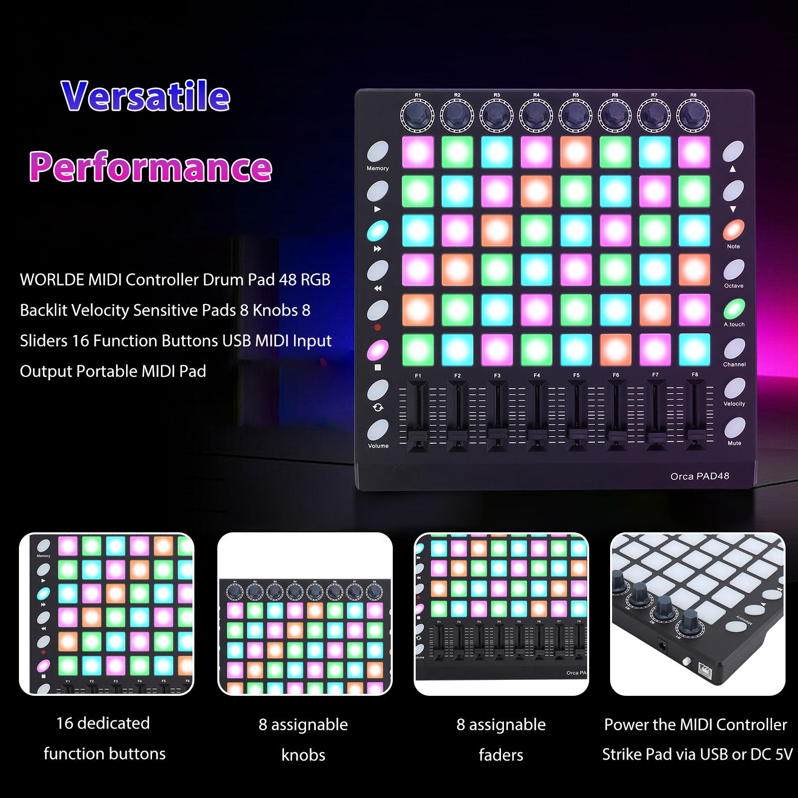 WORLDE MIDI-контроллер Драм-пэды 48 RGB-подсветка Чувствительные к силе нажатия 8 ручек 8 фейдеров 16 функциональных кнопок USB MIDI