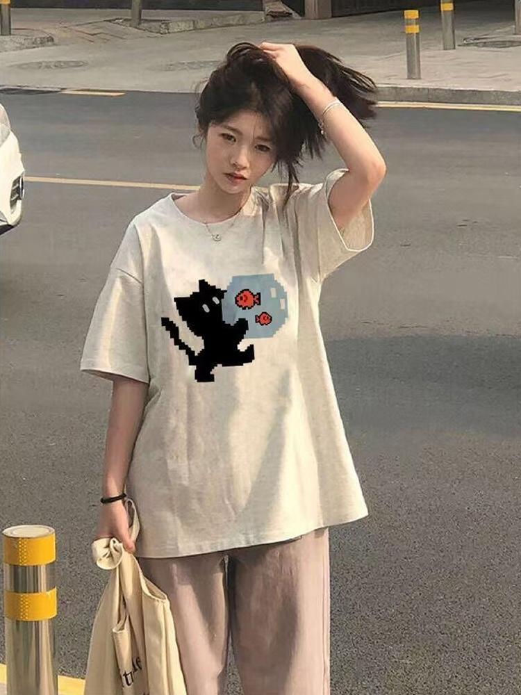 % Cotton Heavy Short Sleeve T-Shirt Women's Summer New Student Loose American Lazy Top ins Large Size