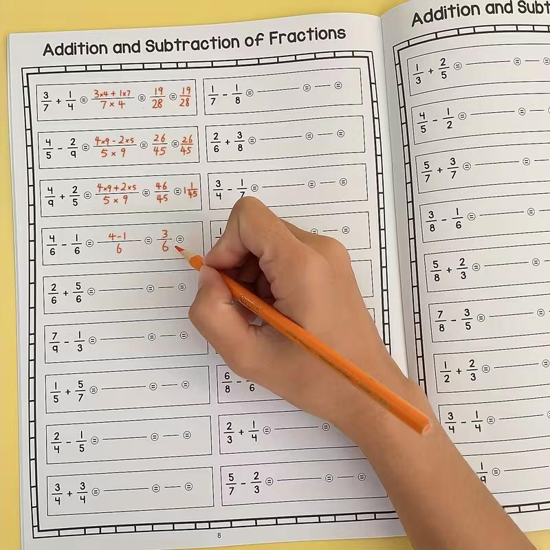 Fraction Practice Workbook Set for Youngsters - Addition, Subtraction | Elementary School Grades 3-6