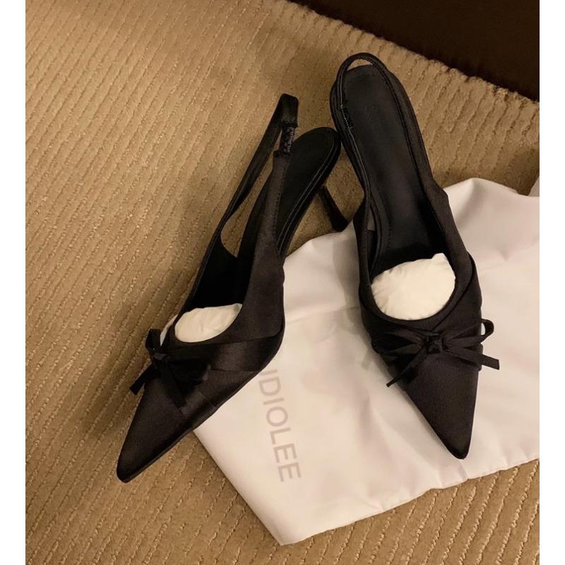 Sheepskin Version~ Baotou Sandals Women's Legs Length 7cm Thin Heels Bow High Heels Pointed Empty Single Shoes