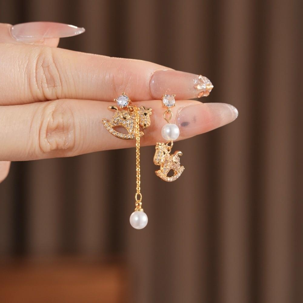 Pearl Gold Pony Earrings Zircon Horse Mascot Drop Earrings  Year of Horse Gift