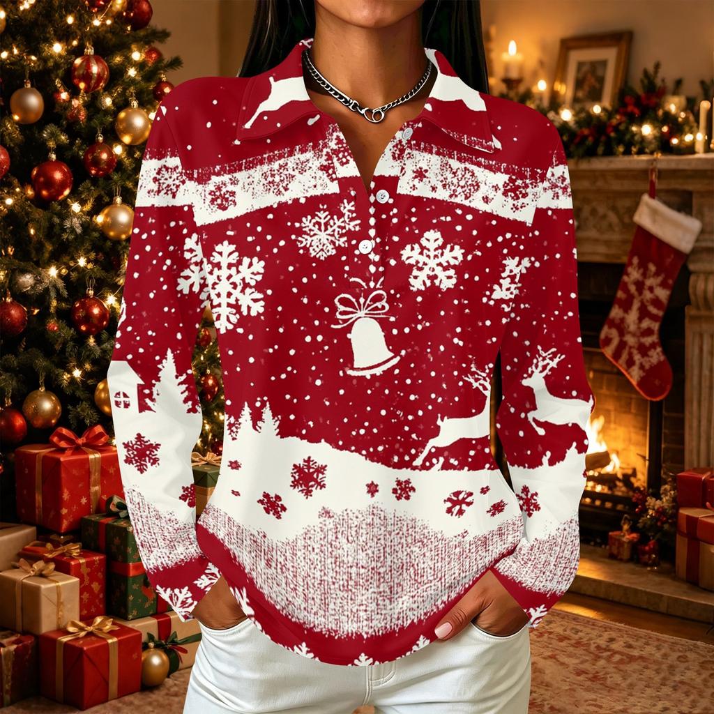 Women's Casual Christmas Print Button Down Long Sleeve Shirt with Collar and Side Slits