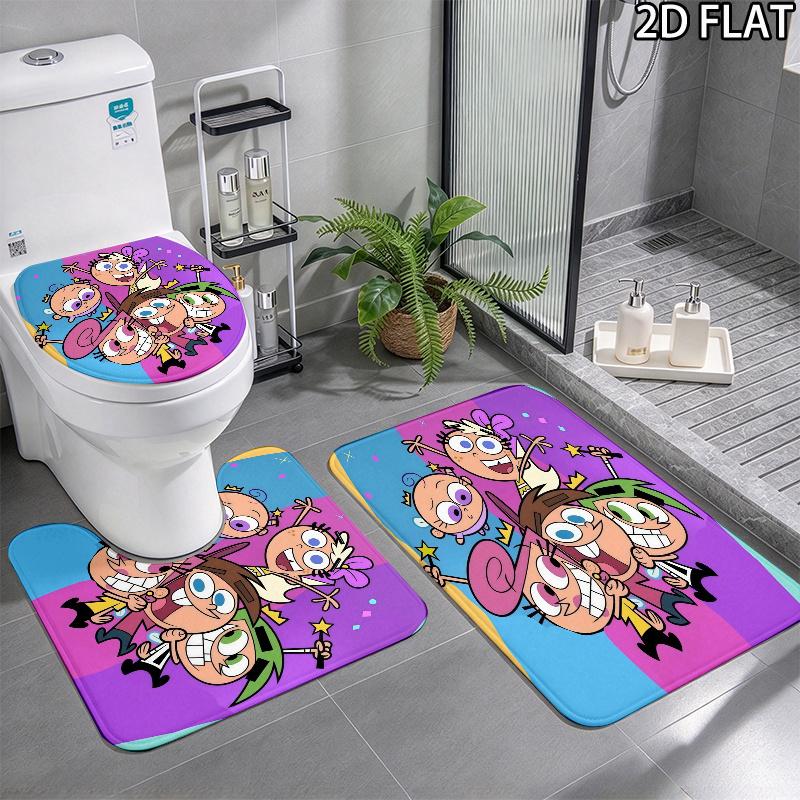 3pcs The Fairly OddParents Pattern Flannel Nonslip Absorbent Washable Decorative Bathroom Home Toilet Seat Cover Mat