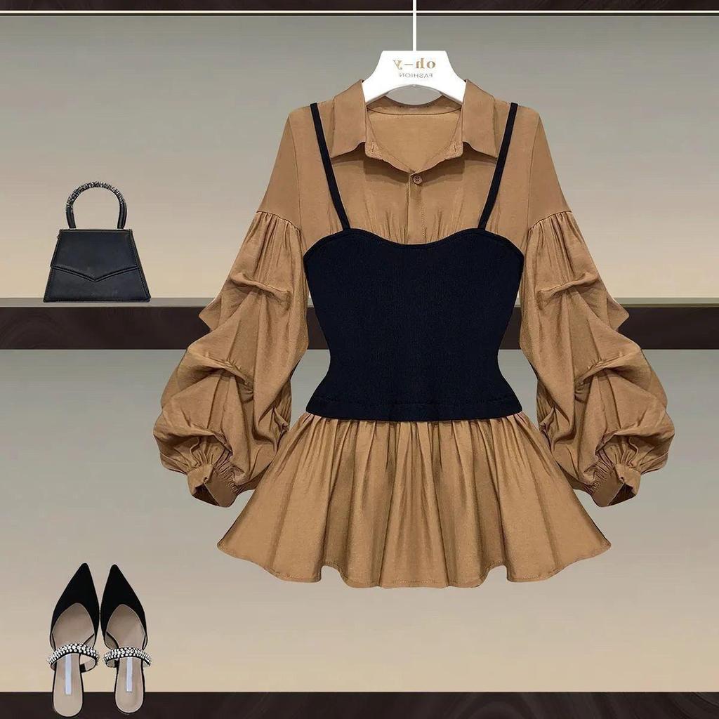 Plus Size Slimming Spliced Two-Piece Look Shirt for Women - Spring & Autumn