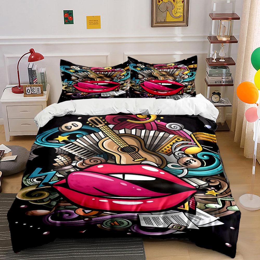 Pink lips, guitar, swirls. Bedding sets Duvet cover sets Duvet covers Pillowcases(1 * Duvet Cover 2 * Pillowcases without duvet insert)
