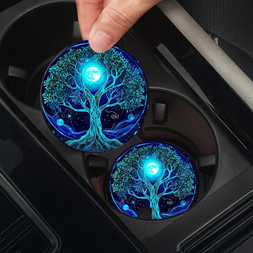 [Glowing Tree Cup Coasters] Blue Glowing Tree of Life Car Cup Holder Coasters | Washable Rubber Cup Mats