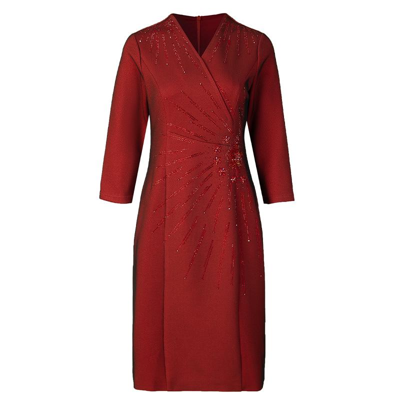 2023 Autumn Elegant Knee-Length Dress for Middle-Aged Women - Slimming Plus Size, Perfect for Weddings and Special Occasions