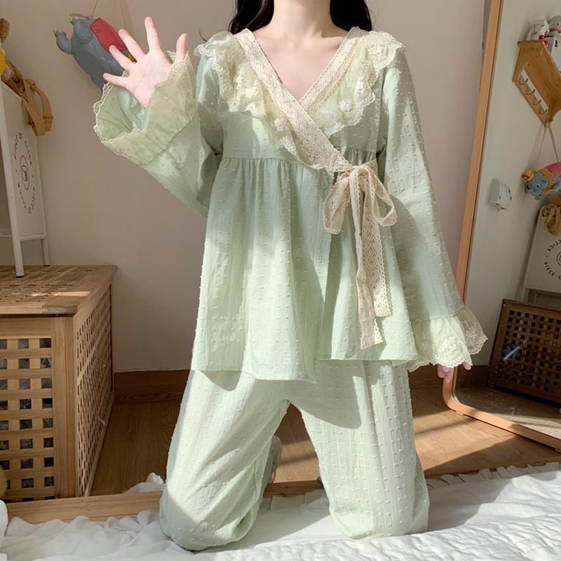 Women's Autumn Princess Style Long Sleeve Pajama Set - Sweet Retro Kimono Design