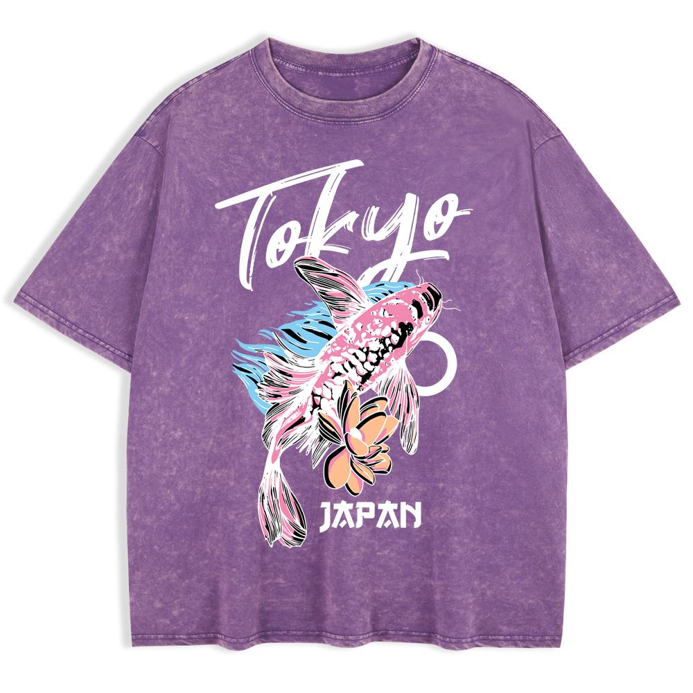Japanese Koi Harajuku Printing Washed T-Shirts Mens Cotton Oversize T Shirt Summer O-Neck Short Sleeve Men'S Clothes