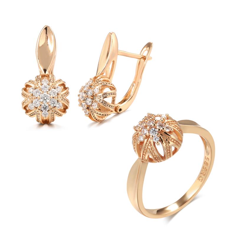 Luxury Rose Gold Earrings Ring Sets For Women Natural Zircon Hollow Flowers Earrings Beautiful Wedding Jewelry Sets