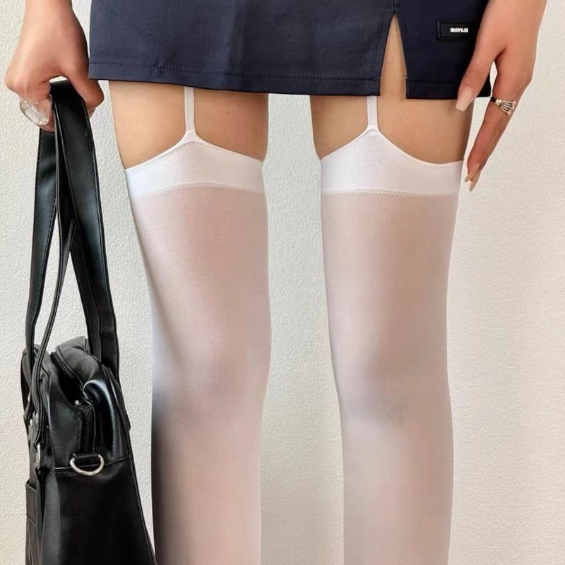 Women Suspender Wide-banded Velvet Tights Lolita Thin Thigh High Stockings with Garters Y2K JK College Style Over The Knee Socks