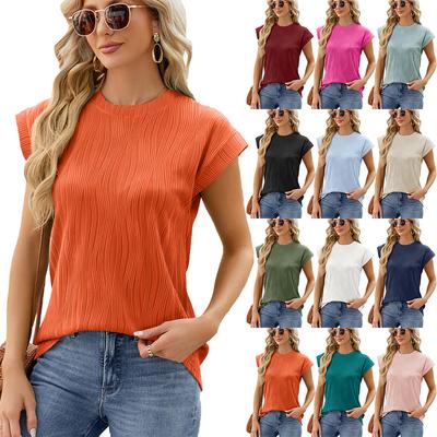 Women's Summer Short Sleeve T-Shirts Casual Breathable Textured Blouses Basic Round Neck Solid Color Pullover Tops