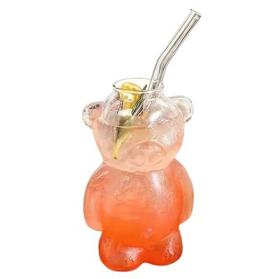 Cute Glass Cups Cartoon Bear Clear Tumbler with Straw Cartoon Bear Shaped Coffee Mug  Bear Mug Glass Cup for Iced Hot Tea Milk