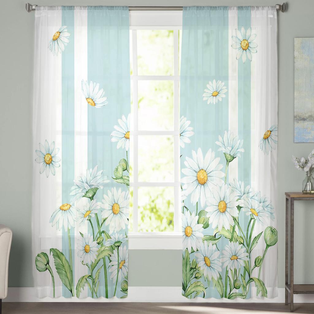 Flower Daisy Spring Summer Watercolor Sheer Curtains Modern Gauze Curtain for Living Room Bedroom Voile Yarn Curtains