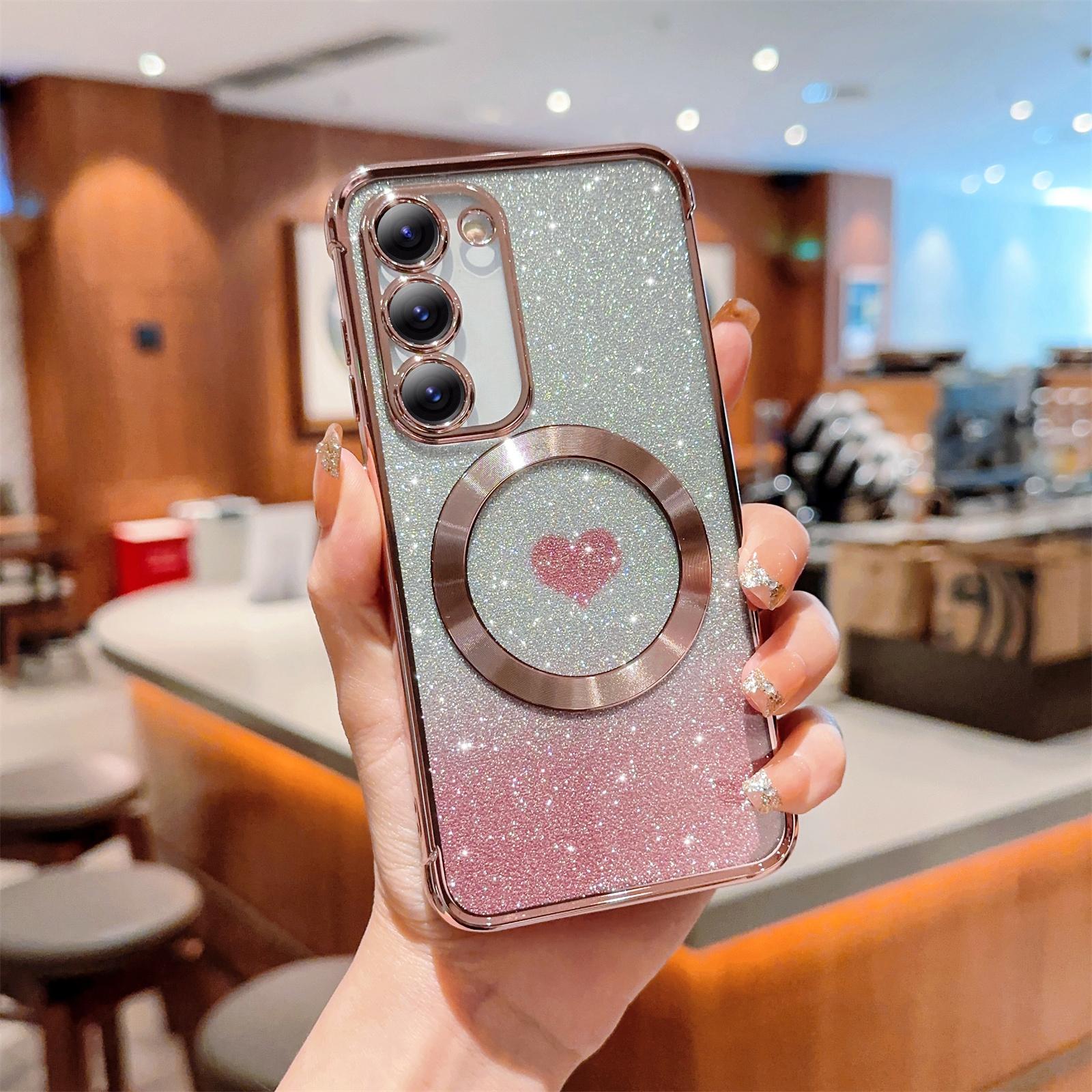 

For Samsung Galaxy S23 Case Clear Magnetic Glitter TPU Phone Cover Love Heart Electroplating Rose Pink
