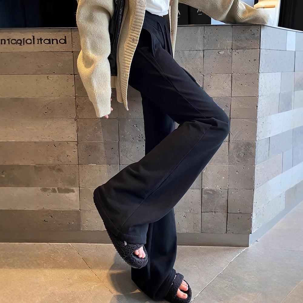Women's Gray Low-Waist Flare Pants - 2025 Spring Drawstring Casual Slimming Straight Leg Trousers