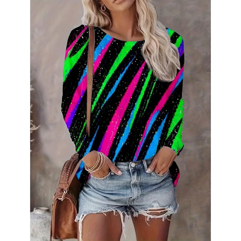 Womens Casual Abstract Print Long Sleeve Crew Neck T-Shirt 3D Effect 2025 Comfort Fit
