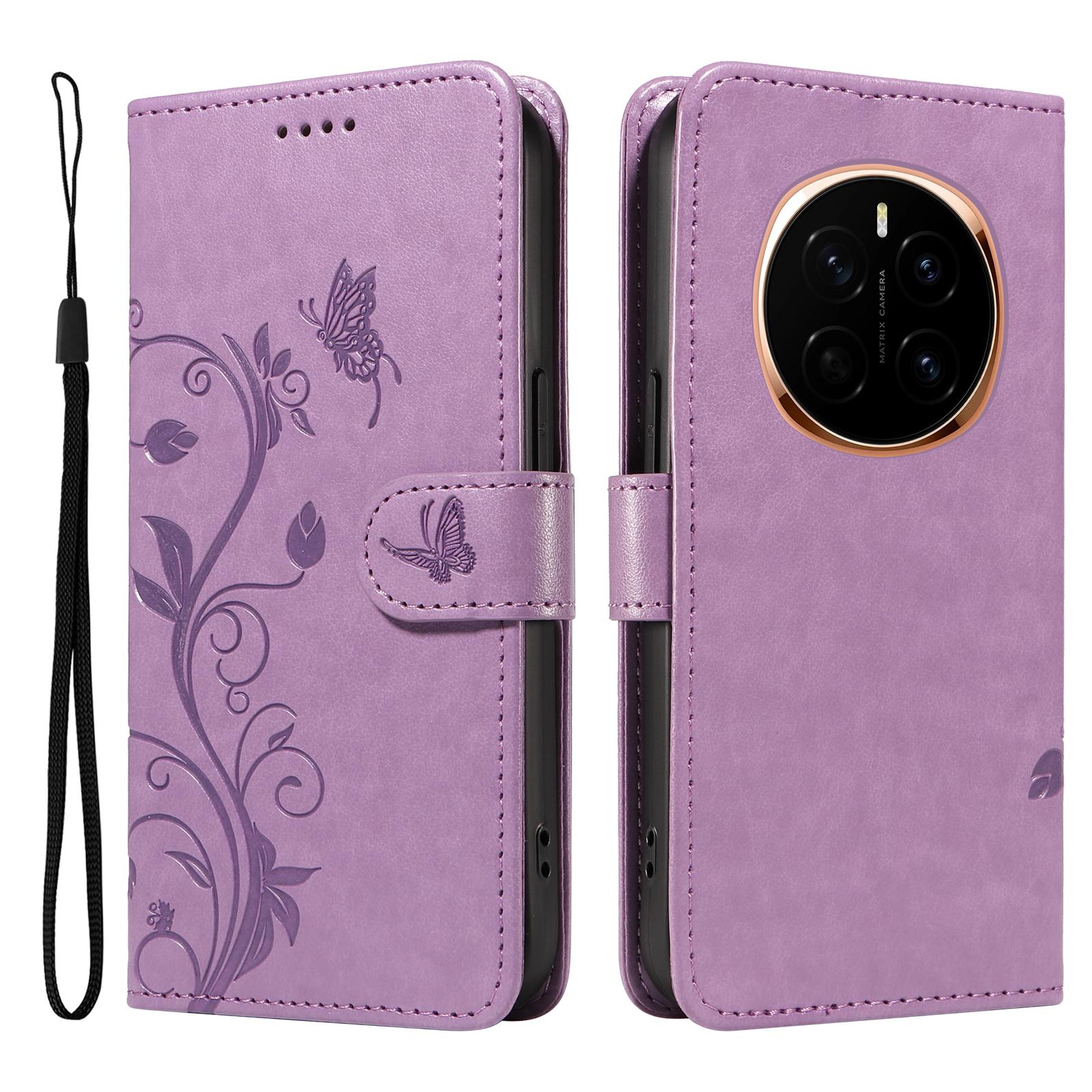 

For Honor Magic7 5G PU Leather Cases Flower Pattern Wallet Stand Phone Cover with Strap Light Purple