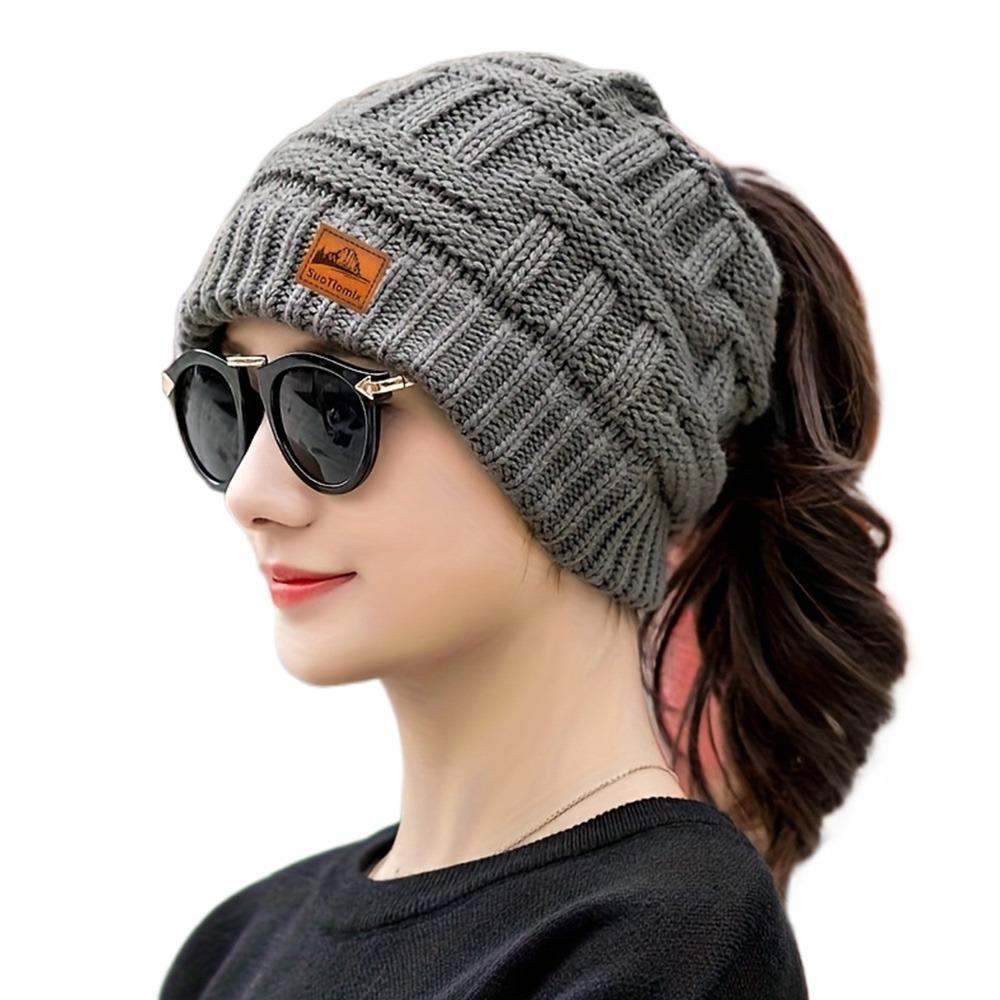 Fashion Crochet Ponytail Winter Hats Knitted Solid Color Beanies Hat Warm Ear Protection Skullies Autumn