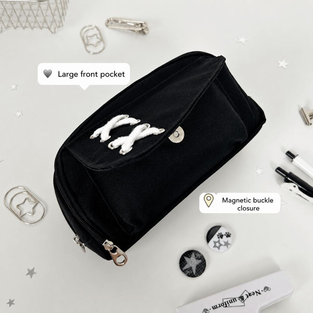 Solid Black Pen Bag Canvas Stationery Bag Portable Pencil Case  School Supplies