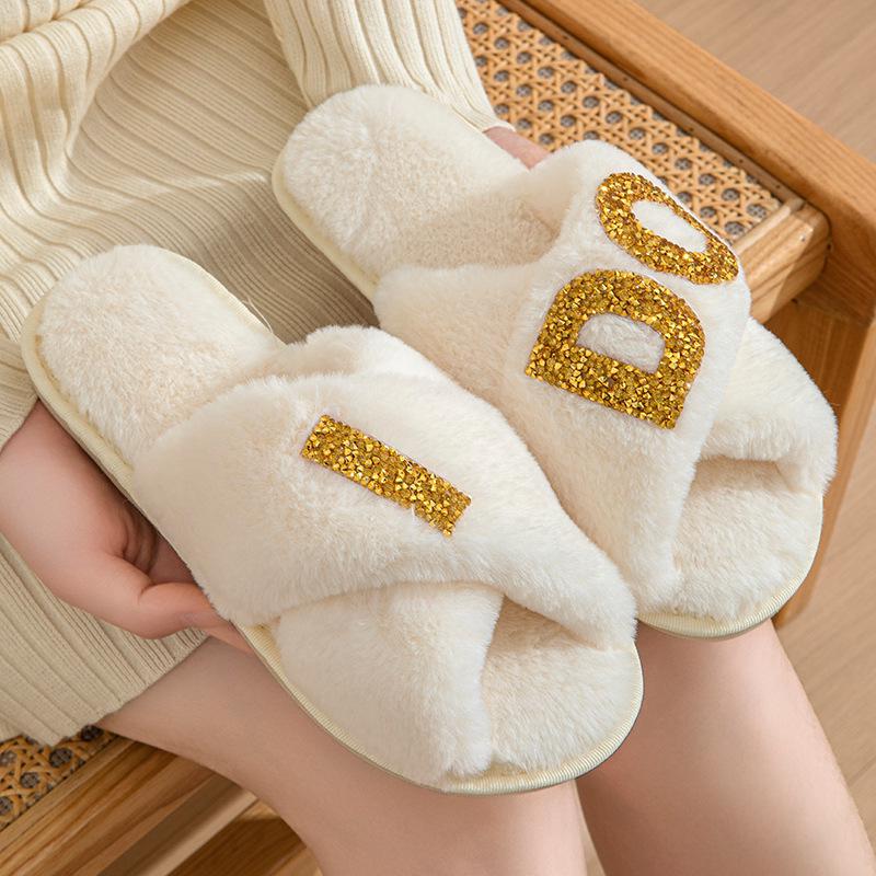 IDO Women's Furry Pearl Wedding Bachelorette Plush Slippers