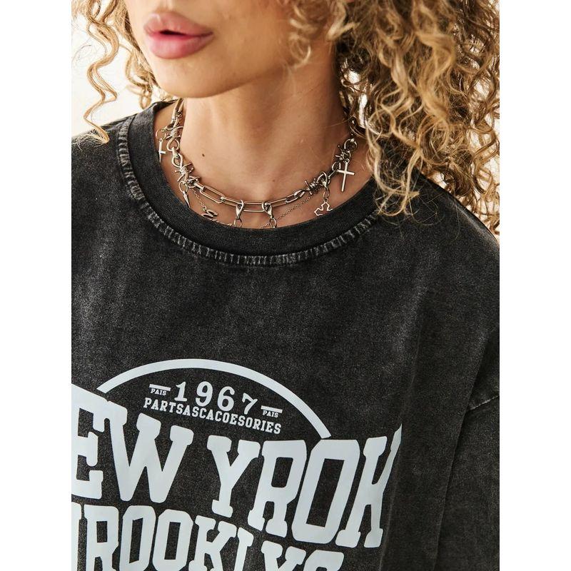 Loose Printed T-shirt Western Style Fashion Washed Old Print Loose Casual Cotton T-shirt Top