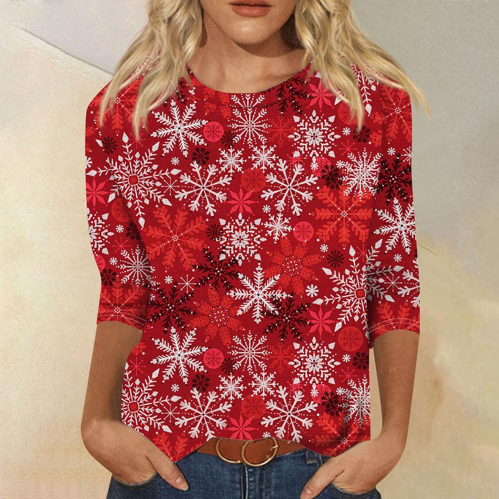 Edición Limitada de Navidad Camiseta de Mujer 3D Roja con Estampado de Árbol de Navidad Cuello Redondo Manga Larga Moda Casual Top de Manga Larga