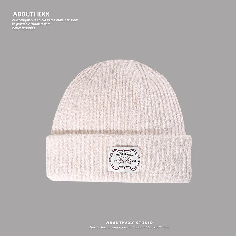 Autumn and Winter Hats for Women Cute Bear Cloth Label Woolen Hat Warm Ear Protection  Outdoor Street Knitted Hat  Small Cold Hat Showing Face