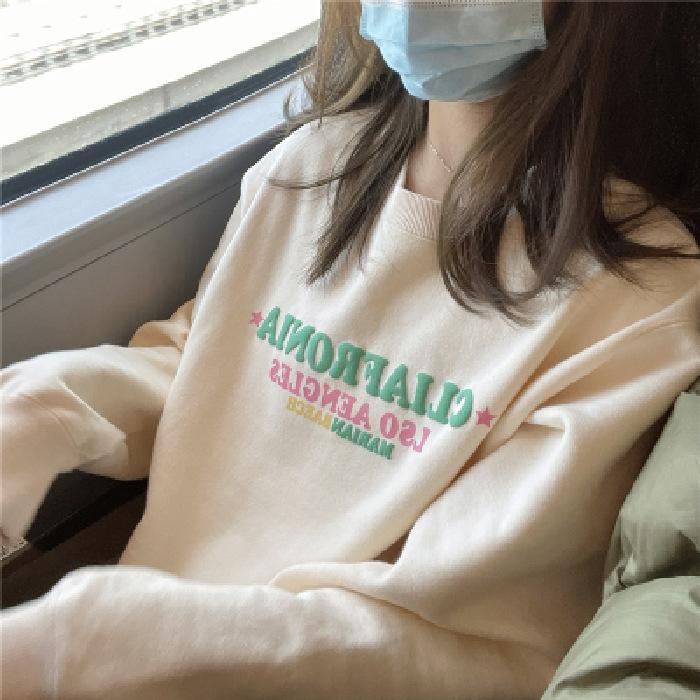 Apricot printed crew neck sweater women s new loose Korean version autumn and winter velvet casual warm XXL