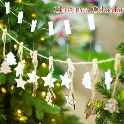 24PCS Christmas Calendar DIY Pendant Wood Decoration Xmas Advent Calendar Hanging Card Christmas Tre