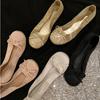 Paris Silk Bow Ballet Shoes Women's Round Head Light Mouth Flat Bottom One Pedal Soft Sole Silver Mary Jane Single Shoes