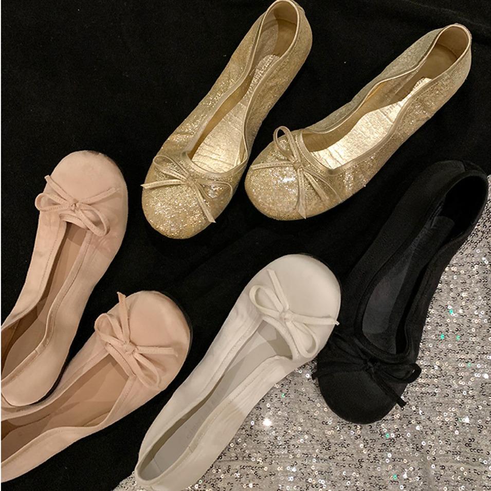 Paris Silk Bow Ballet Shoes Women's Round Head Light Mouth Flat Bottom One Pedal Soft Sole Silver Mary Jane Single Shoes