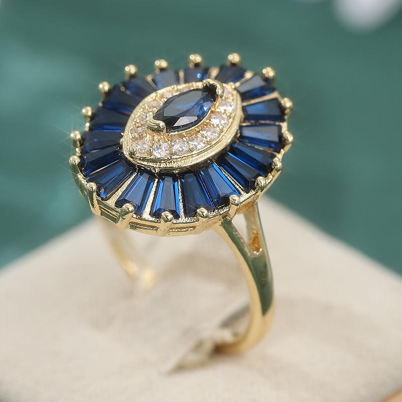 Luxurious Elegant Micro Pave Synthetic Blue Cubic Zirconia Ring For Women Creative Oval Design Fashion Ring Trend Jewelry