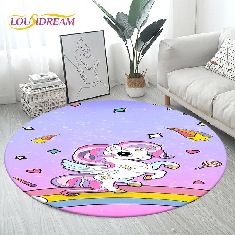 3D Cartoon Cute Unicorn Area Rug Large,Round Carpet Rug for Living Room Bedroom Sofa Decoration,Children Play Non-slip Floor Mat
