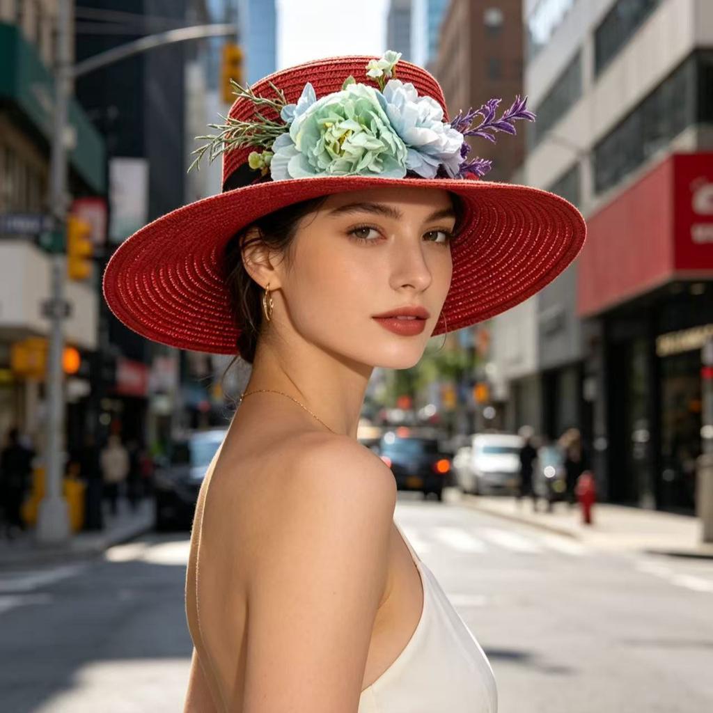 New Flower Flat Top Straw Hat Fashionable Small Fresh Seaside Vacation Elegant Sunshade Sunscreen Hat Self-operated