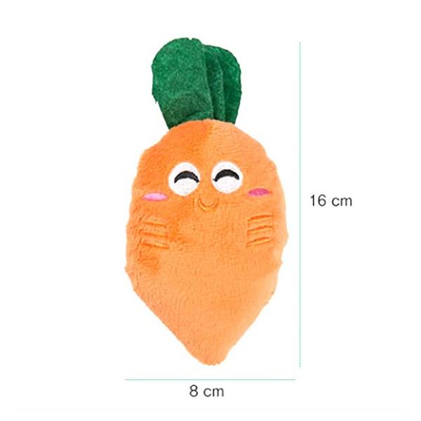 Ding Dong Pet Dog Toy Stuffed Carrot 8 x 16 cm + Banana 7 x 15 cm + Eggplant 6 x 15 cm + Tomato 7 x 10 cm, mixed colors, 1 set