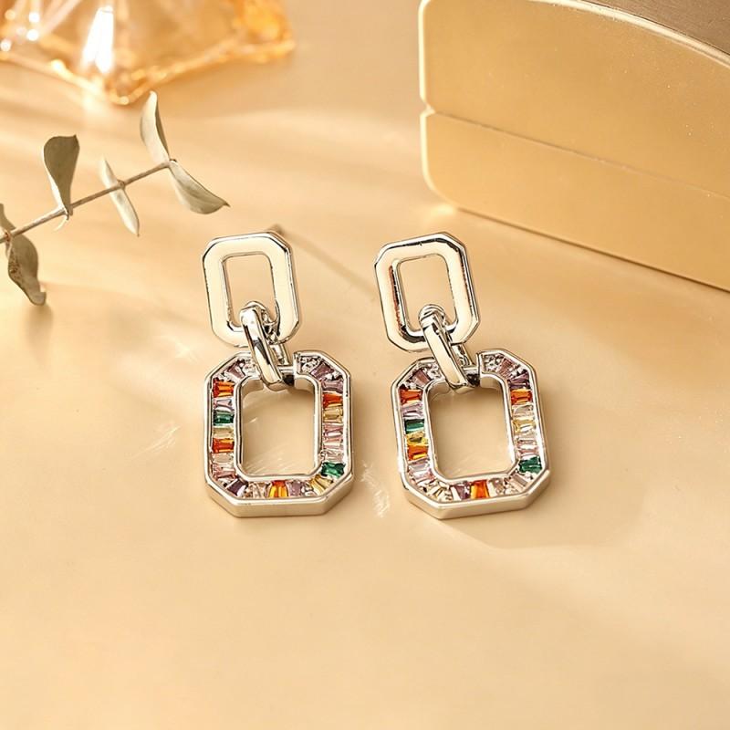 Geometric Rainbow Zircon Earrings Women Gold/ Tone Sterling Post Lightweight Chic Statement Jewelry