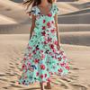 Women's Summer Fashion V-Neck Beach Long Short Sleeve Floral Printed Dresses