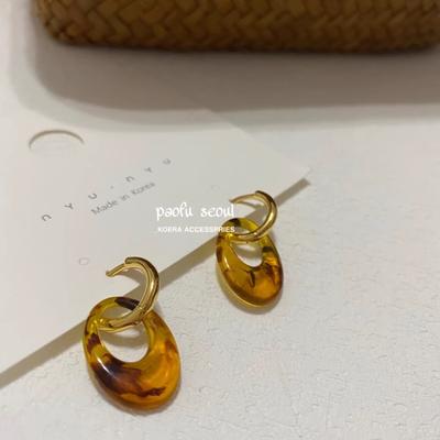 Korea Dongdaemun Nyunyu Niche Design Metal Versatile Temperament Resin Amber Ins Splicing Earrings