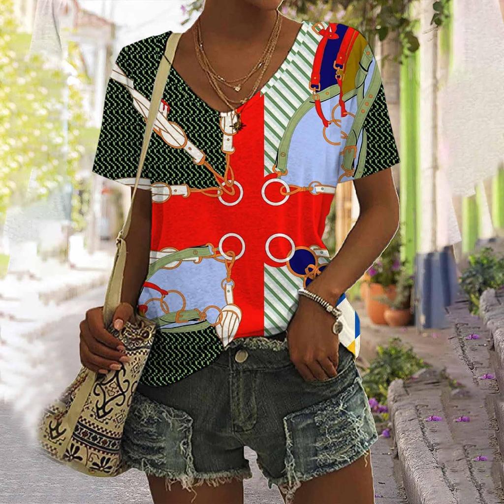 Summer 3D T-shirt Short Sleeved Printed Women's V-neck T-shirt