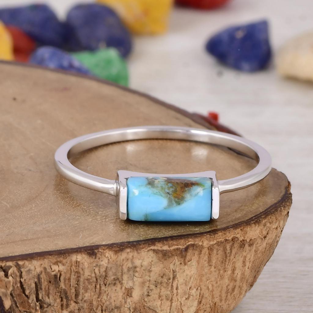Natural Turquoise Bar Ring 925 Sterling Silver, Minimalist Turquoise Ring, Dainty Stacking Ring, Handmade Jewelry Gift.