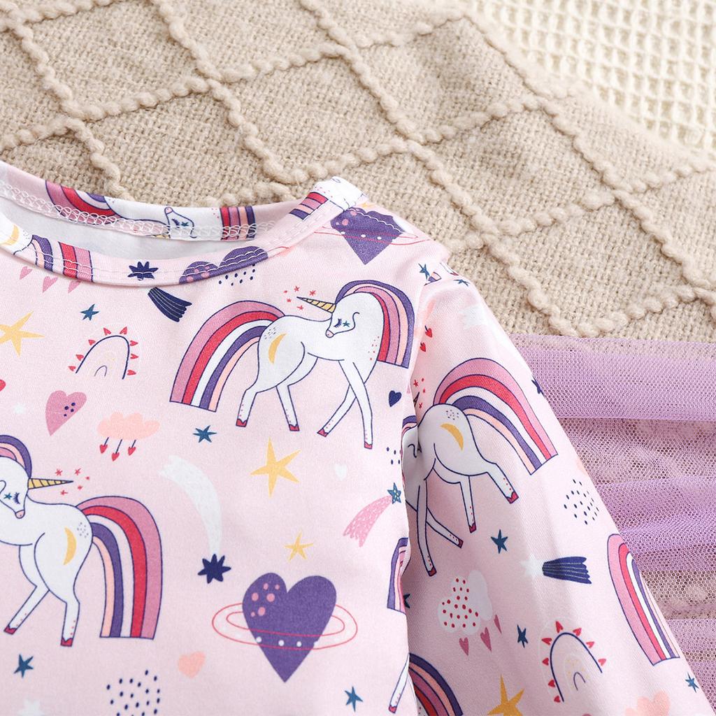 1-9 Months Newborn Baby Girl Cute Unicorn & Heart All-over Print Long Sleeve Romper