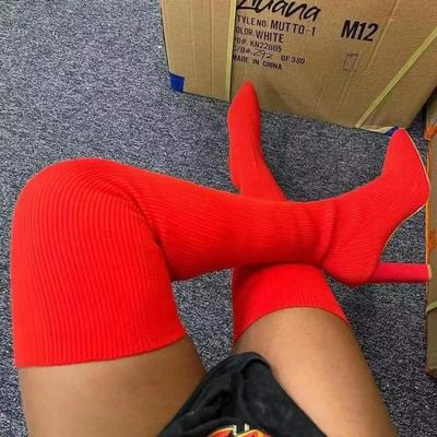 Botas Longas Sexy Slim Elásticas Acima do Joelho Marrom Roxo Bico Fino Salto Alto Sapatos Femininos Tricô Meias Finas Botas Grandes