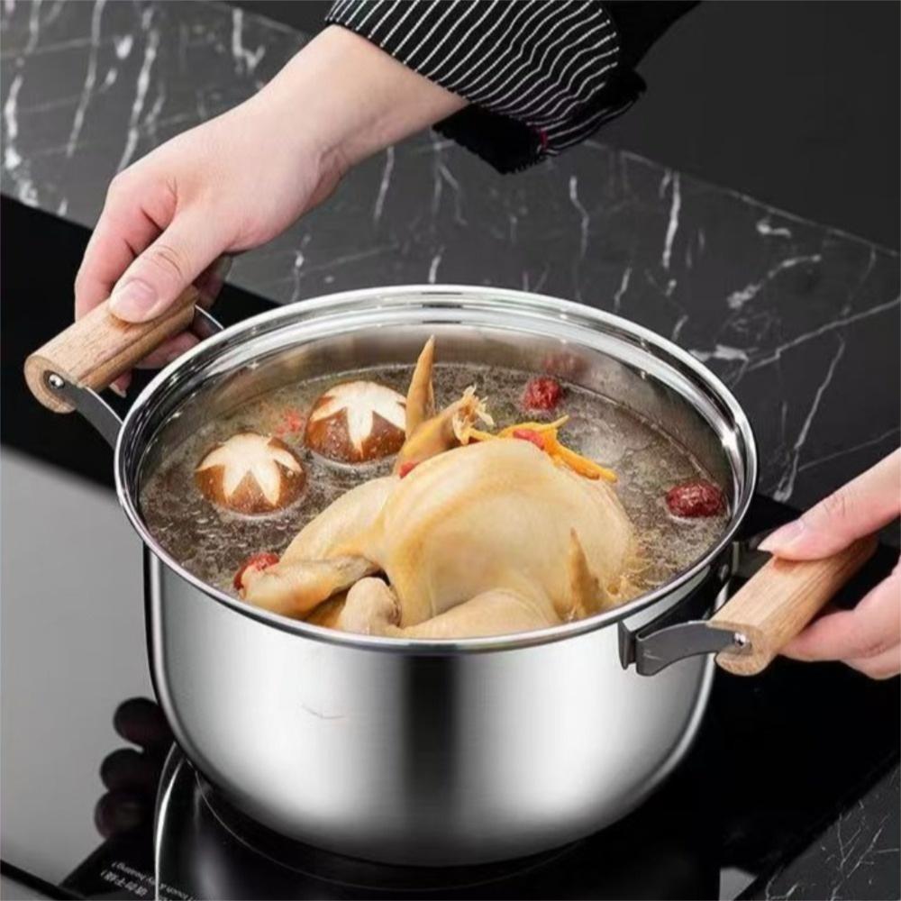 Food Grade Stainless Steel Stock Pot with Lid Wooden Handle Stew Soup Pot Easy To Clean Non Stick Stainless Steel Steamer