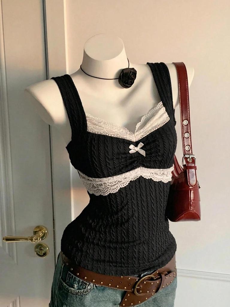 Y2K Harajuku-stil Lapptäcke Spetsrosett Väst - Dam Sommartopp