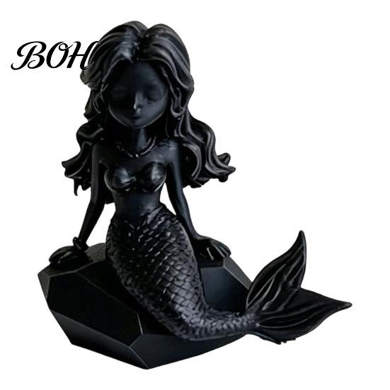 Cartoon Mermaid Figurine 3D Printed Action Figure, Dark Gothic Style with Matte Black Finish, Movable Joints Wavy Hair Design & Wide Rock Base, Decor