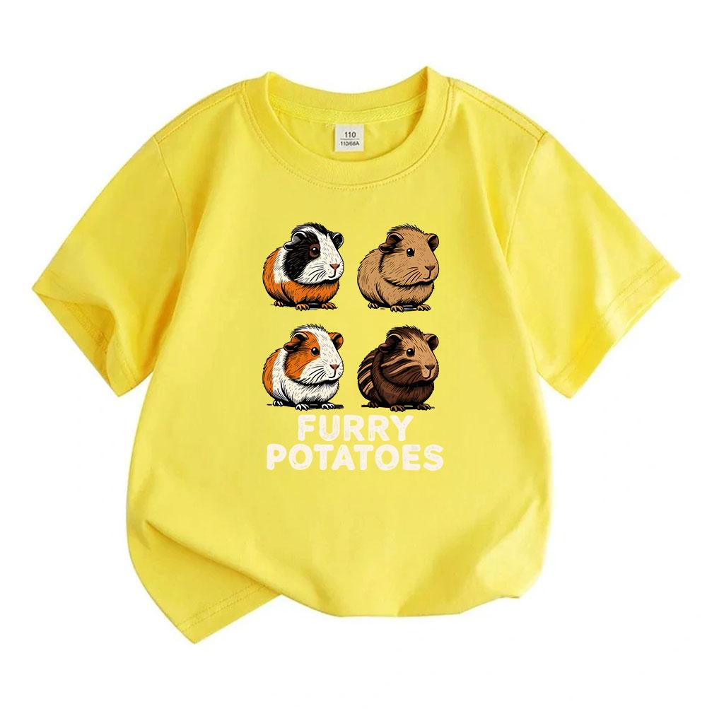 Unisex Kids Boys Girls 100% Cotton Crew Neck Short Sleeve T-Shirt, Cute Guinea Pig Furry Potatoes Graphic Casual Summer Tee for Children