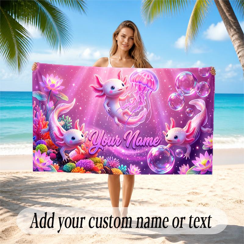 Axolotl Theme Quick Dry Beach Towel Custom Name Text Print Large Sand Resistant Towel Beach Vacation