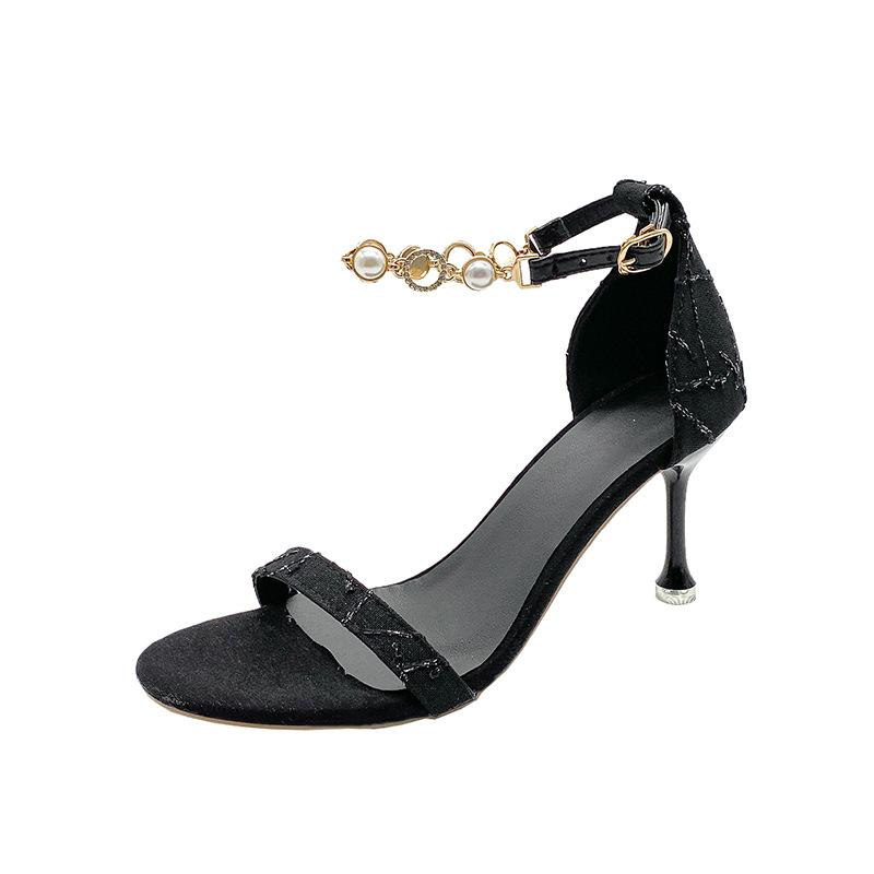 

Internet celebrity pearl chain fashion sandals 2025 summer new one-word buckle stiletto temperament women s shoes high heel sandals 34 чёрный
